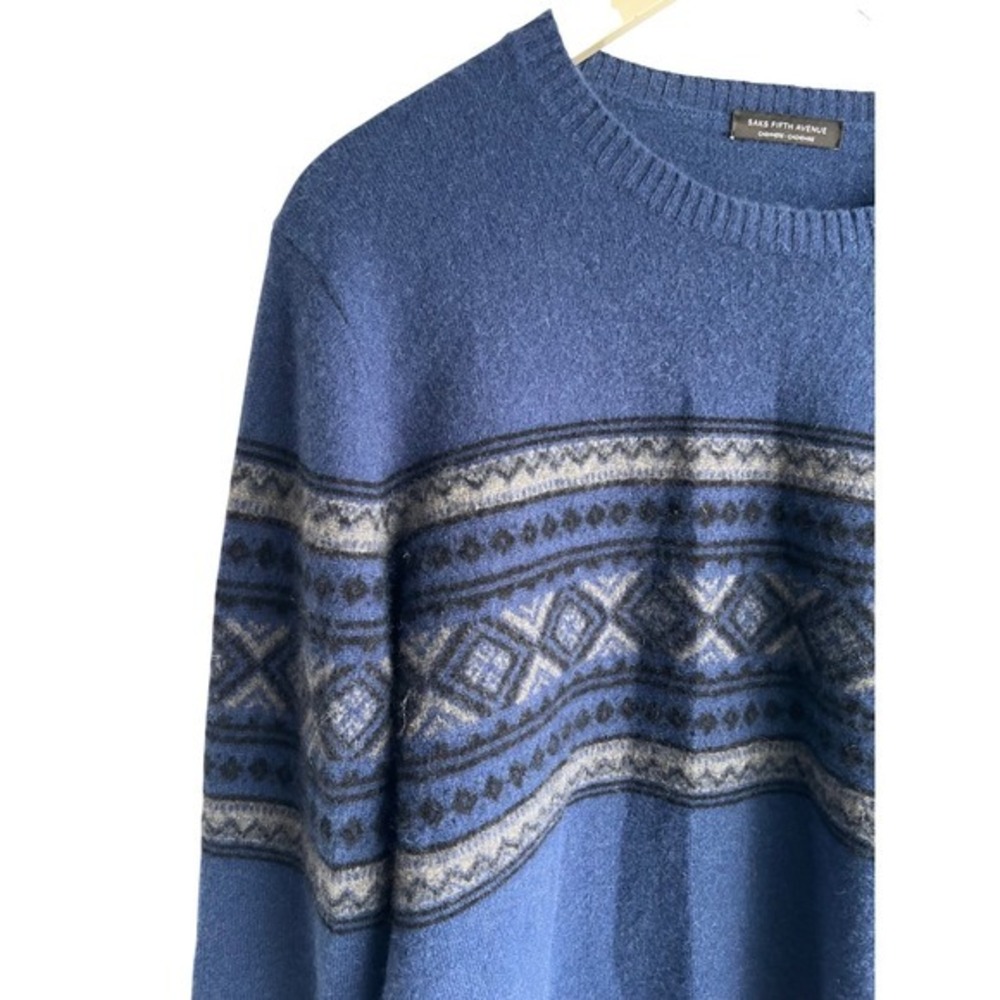 Saks Fifth Avenue Mens Blue 100% Cashmere Fair Isle Crewneck Sweater Size M - Picture 4 of 9